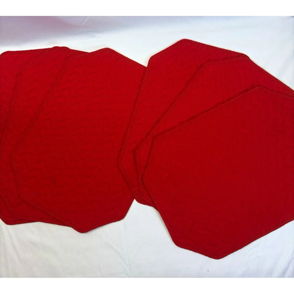 Set of 6 Red Holiday Cotton Quilted Rectangular Placemats, Solid Multipurpose